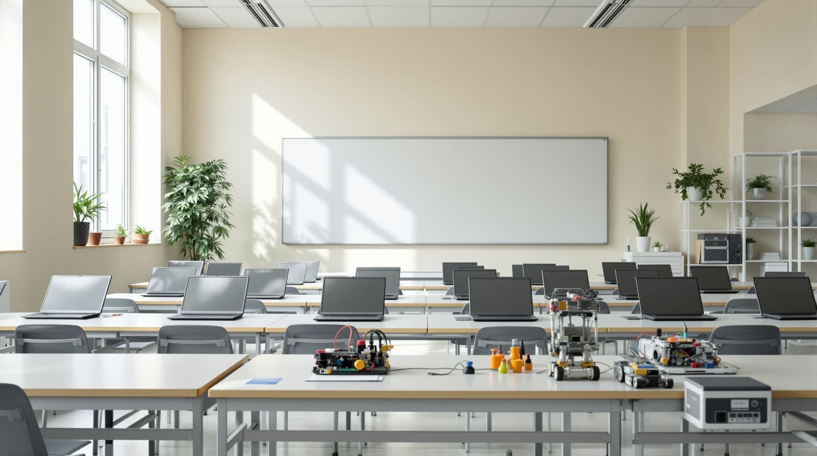 Illustration of an empty Israeli school science classroom set up with computers and robotics equipment.