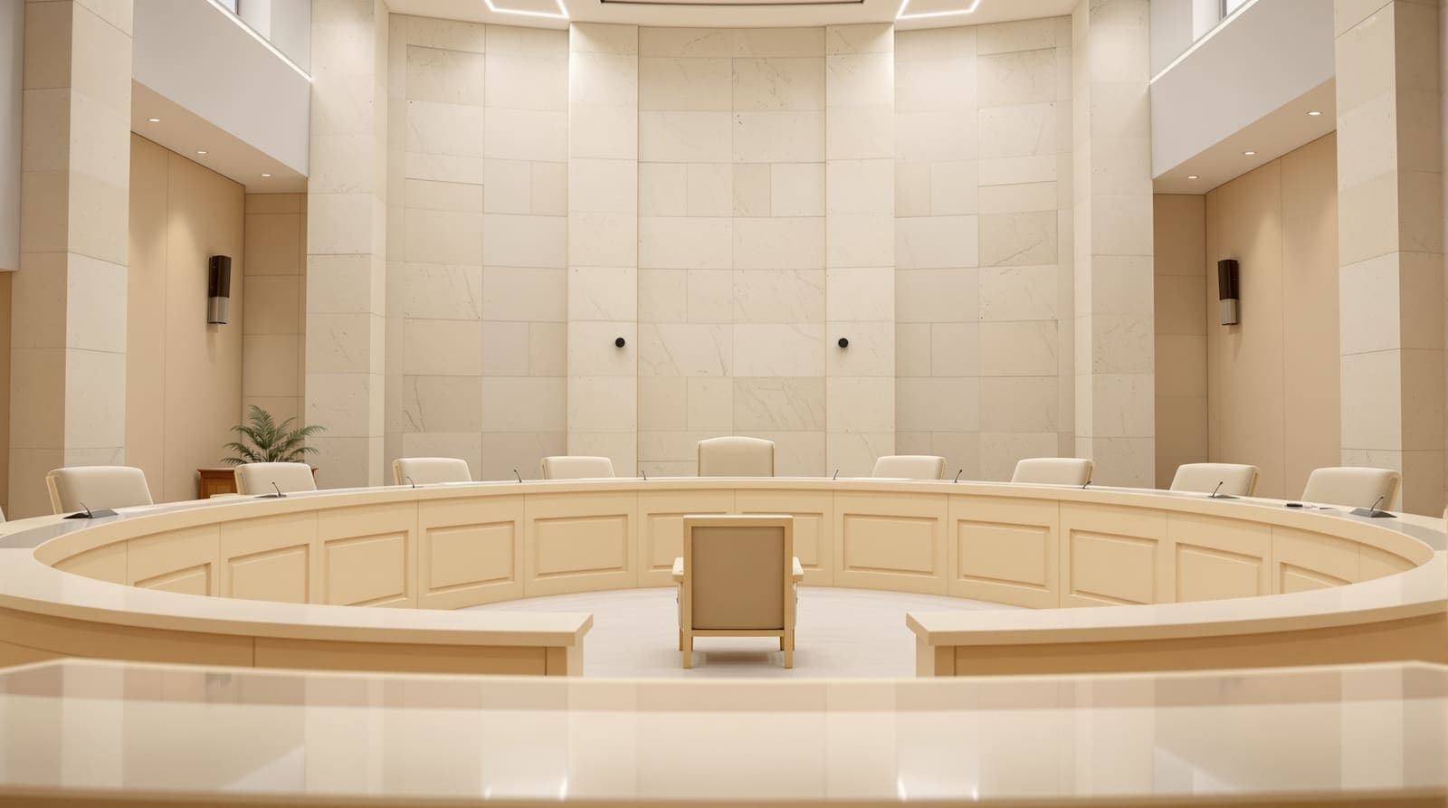 Illustration of an empty parliamentary committee room in Jerusalem, its horseshoe table and chairs vacant in soft morning light.