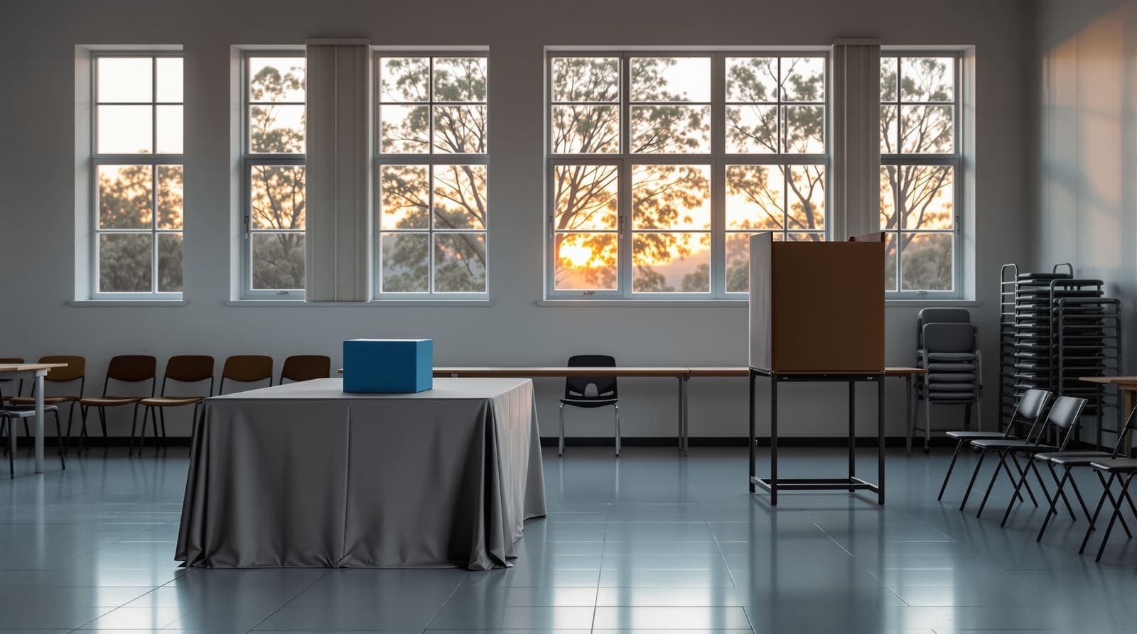 Illustration of an empty polling station in a limestone classroom at dusk, with a plain ballot box on a cloth-covered table beside a voting booth.