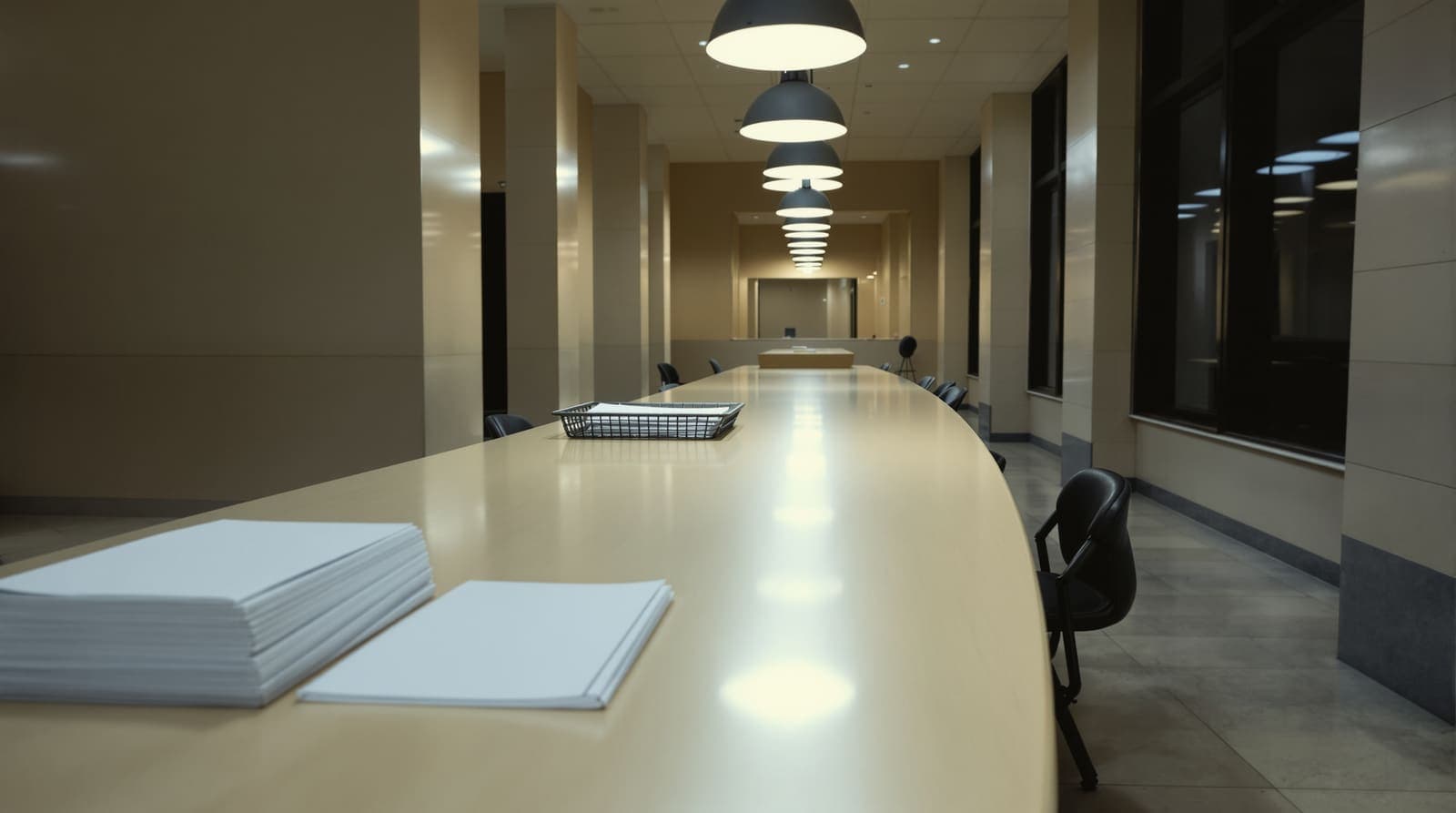 Illustration of an empty government filing counter with closed blank folders and a vacant chair under warm evening lamplight.