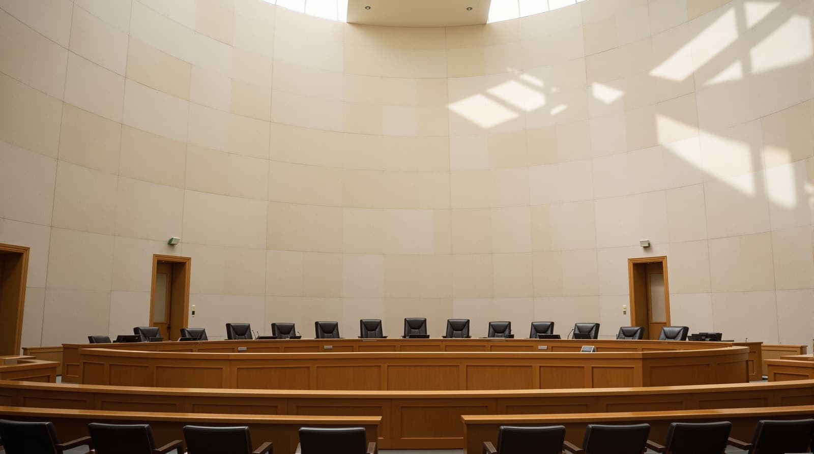 Illustration of an empty Supreme Court hearing chamber in Jerusalem, seen from the public gallery, with a long wooden bench and limestone walls.