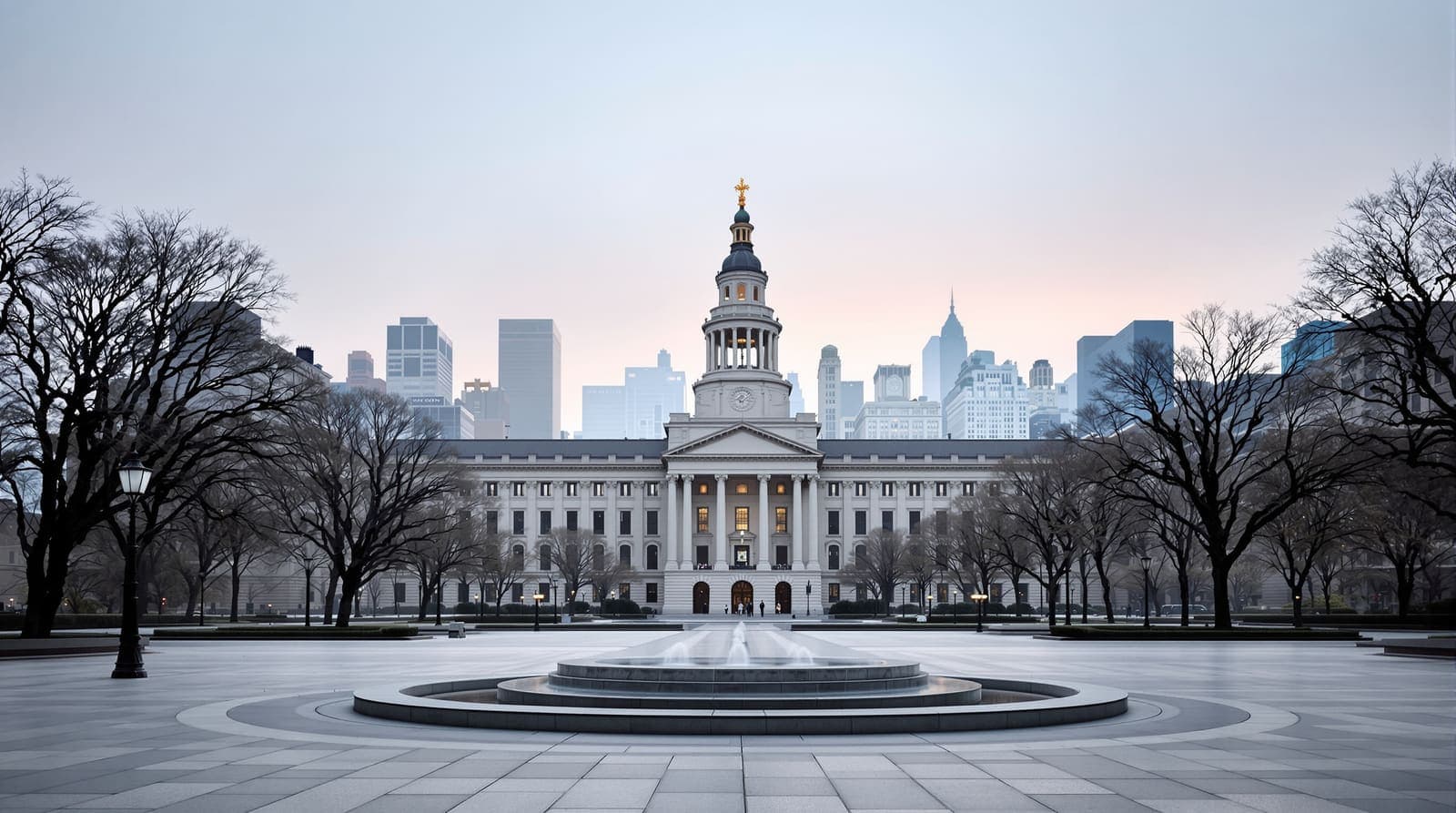 Illustration of New York City Hall and its empty plaza in soft dawn light with lower Manhattan towers in haze behind