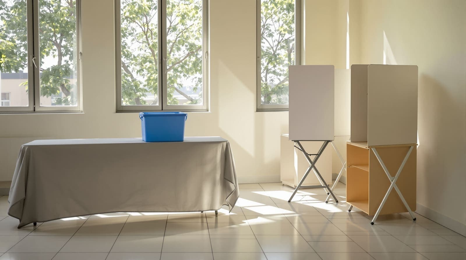 Illustration of a quiet polling station classroom with a ballot box and voting booth in morning light.