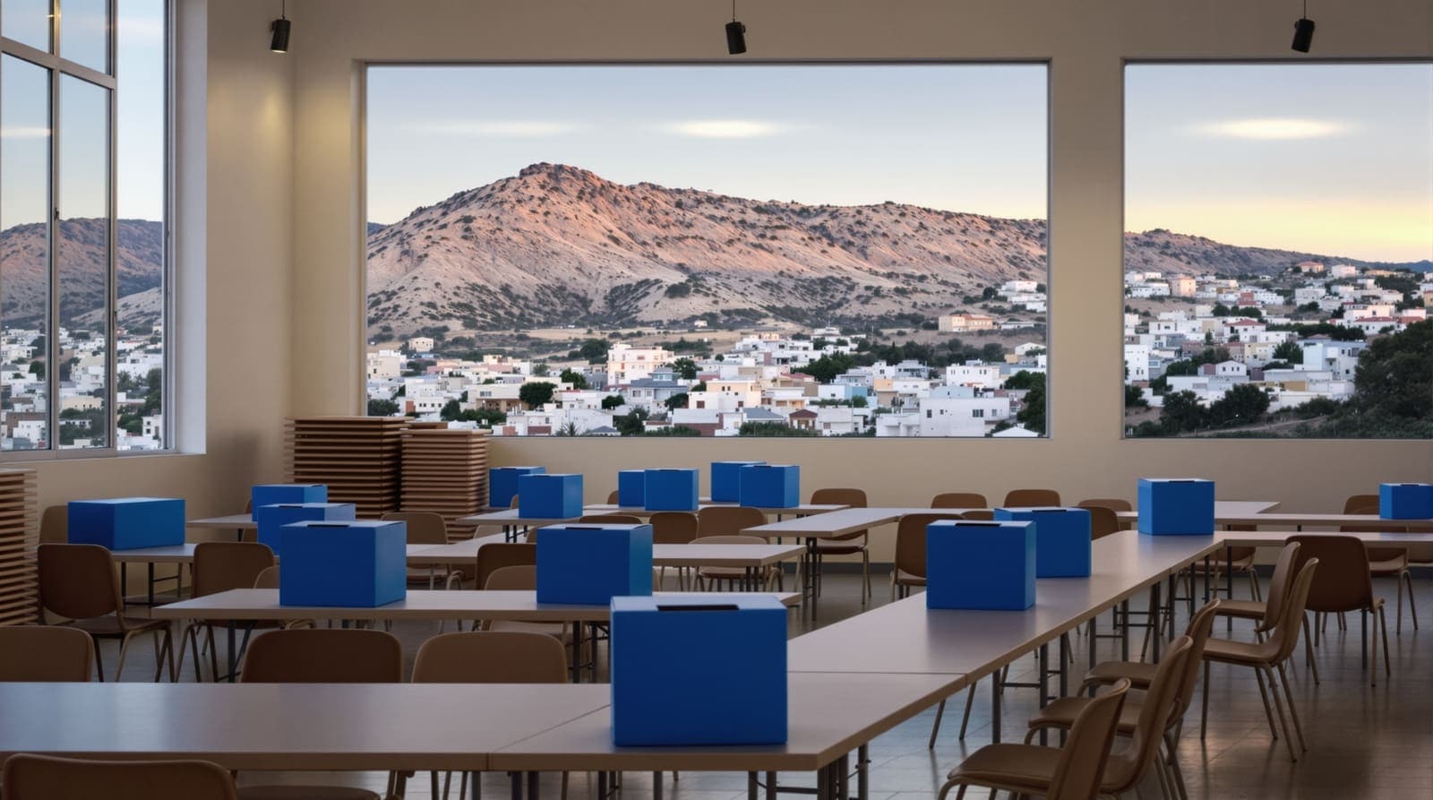 Illustration of an empty polling hall with ballot boxes on tables, windows looking out on a hillside Galilee town at dusk