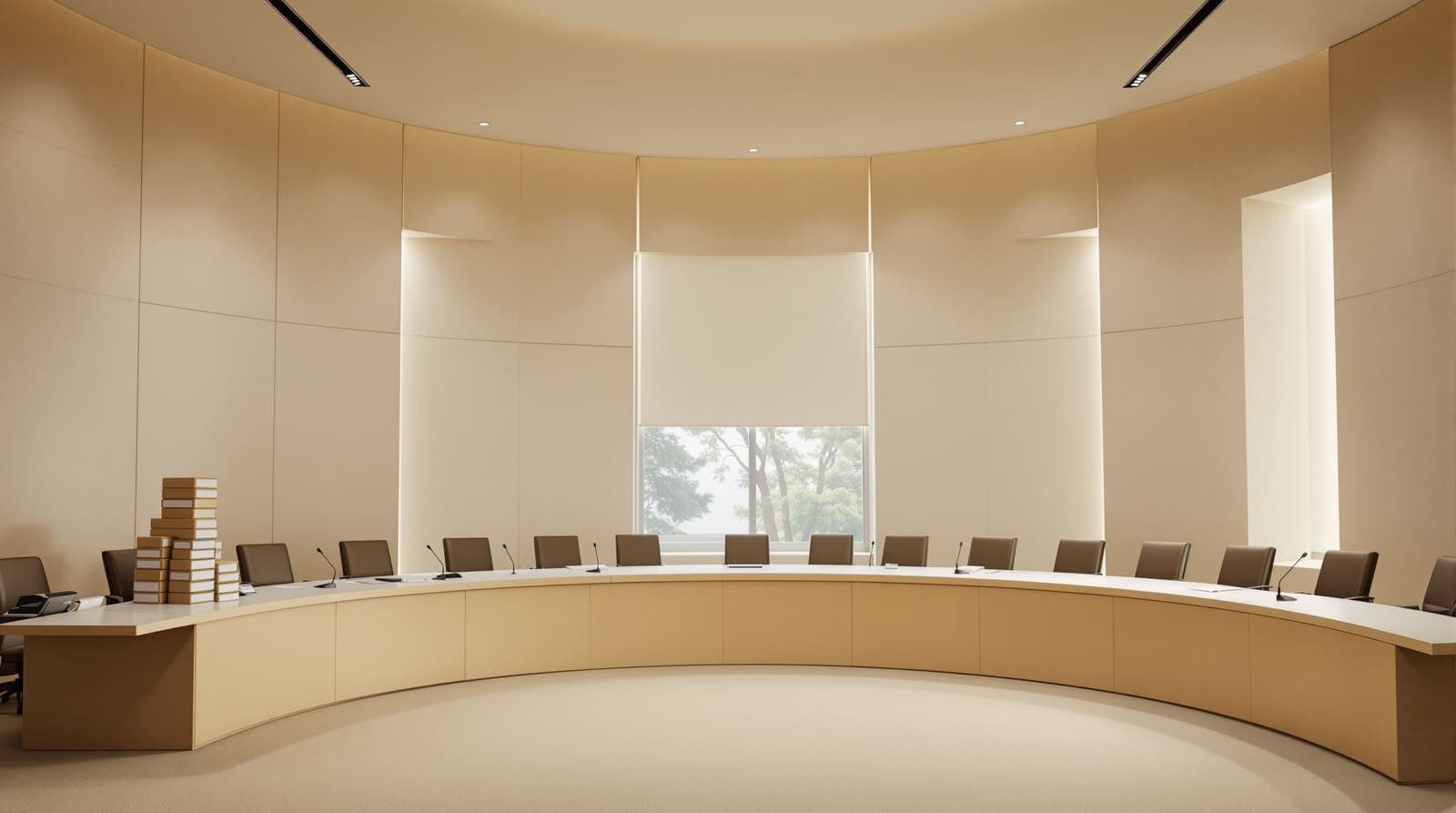 Illustration of an empty municipal council chamber with a pale wooden table, vacant chairs and closed box files in soft morning light.