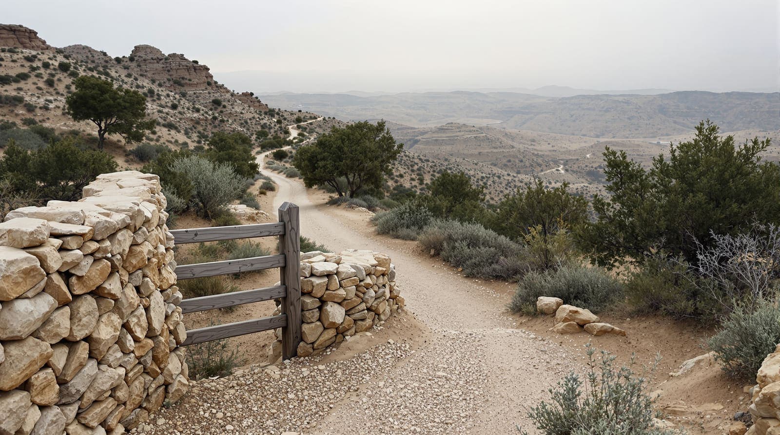 Illustration of an empty hiking trail through scrub-covered Galilee hills near the Lebanon border under an overcast dawn sky
