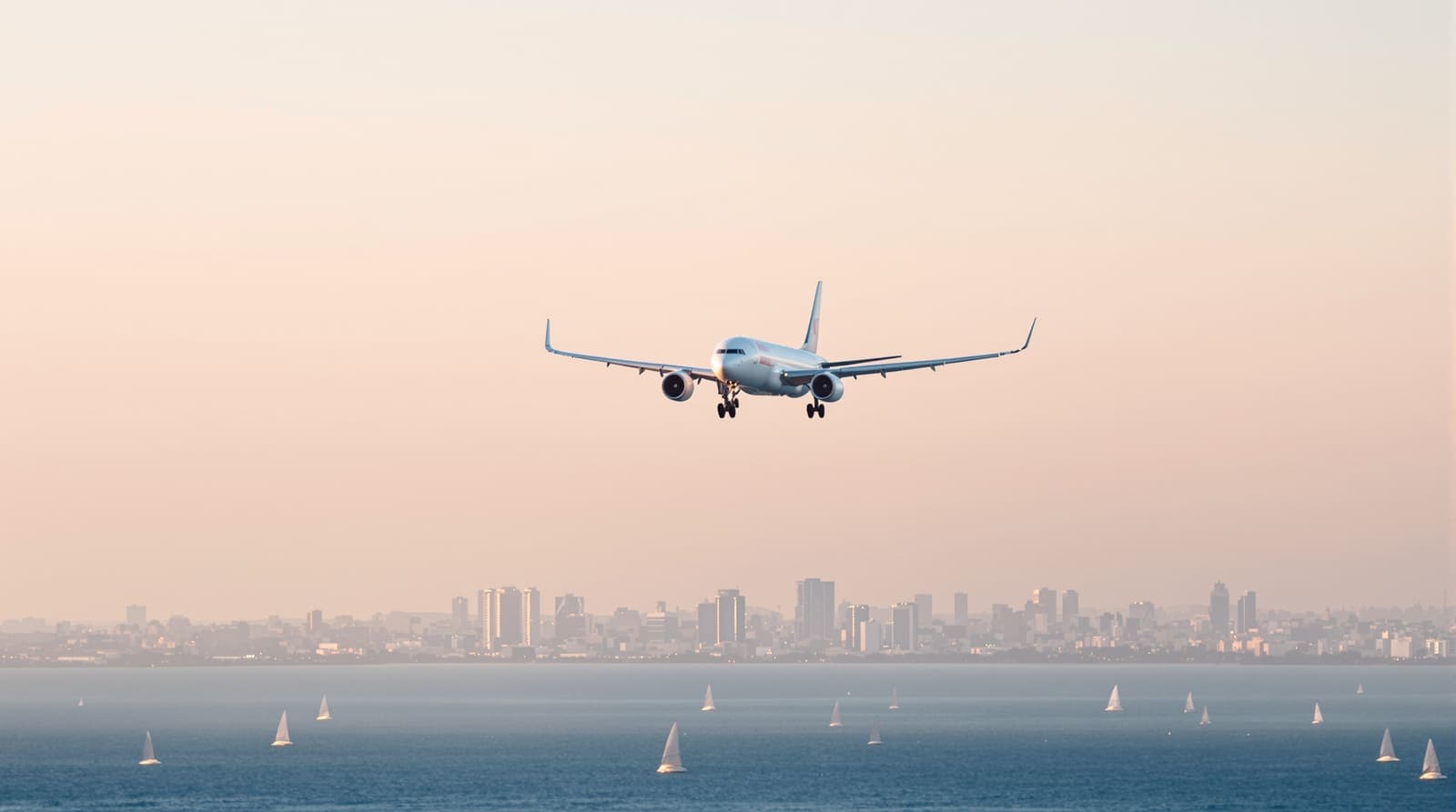 Illustration of a passenger jet descending over the Tel Aviv coastline and Mediterranean sea in soft dawn light.