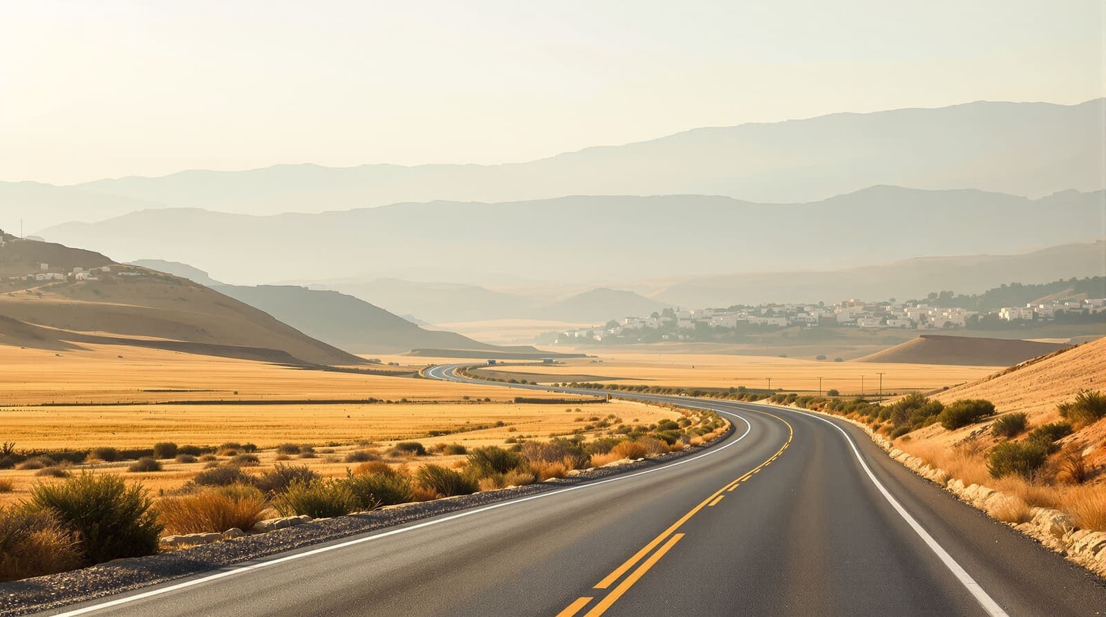 Illustration of a quiet road winding through the Wadi Ara valley past farm fields and hillside houses under a hazy morning sky.
