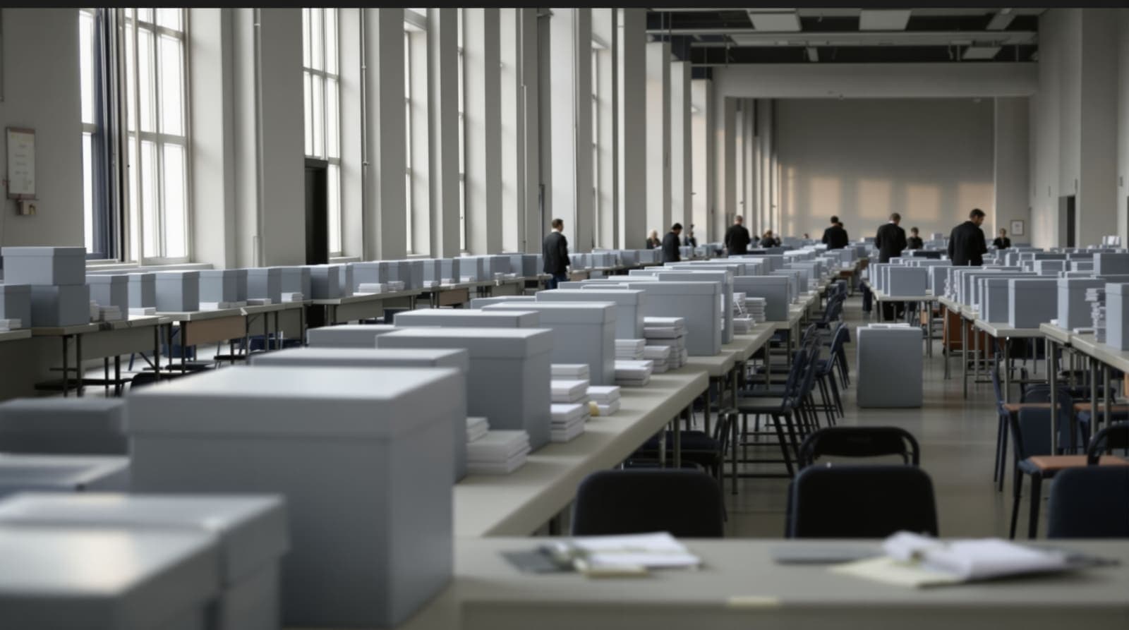 Illustration of a quiet counting hall at dawn with plain ballot boxes and envelope bundles stacked on long tables.