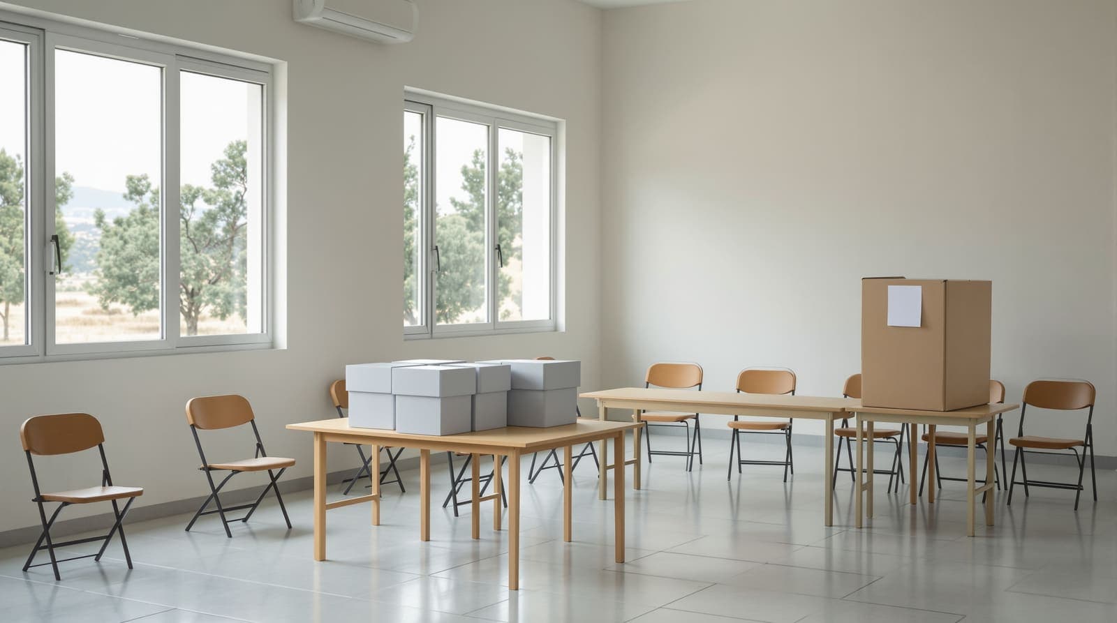 Illustration of sealed ballot boxes on a table in an empty school classroom used as a polling station, with hills beyond the windows.