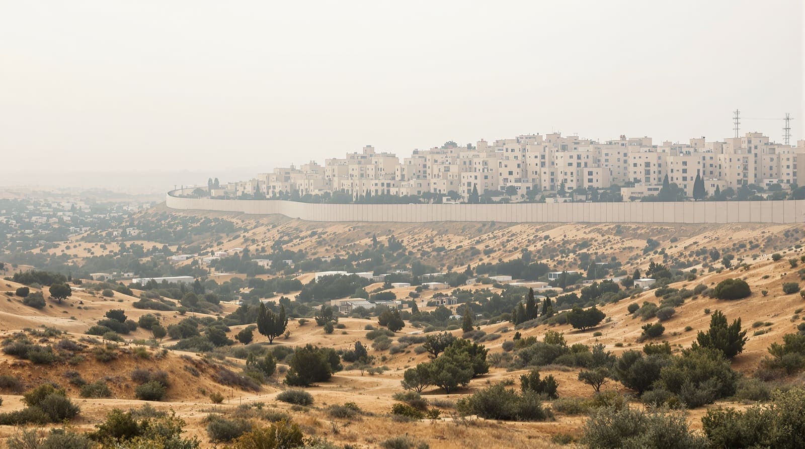 Illustration of the hills and pale stone apartment blocks of northeast Jerusalem seen across a limestone valley in hazy morning light.