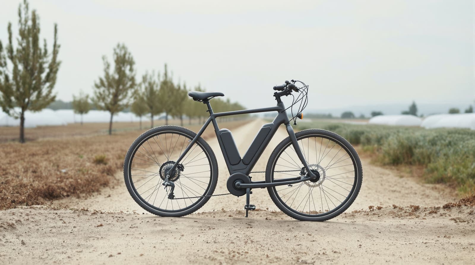 Illustration of an electric bicycle parked on a dirt track beside open farmland and eucalyptus trees in central Israel.