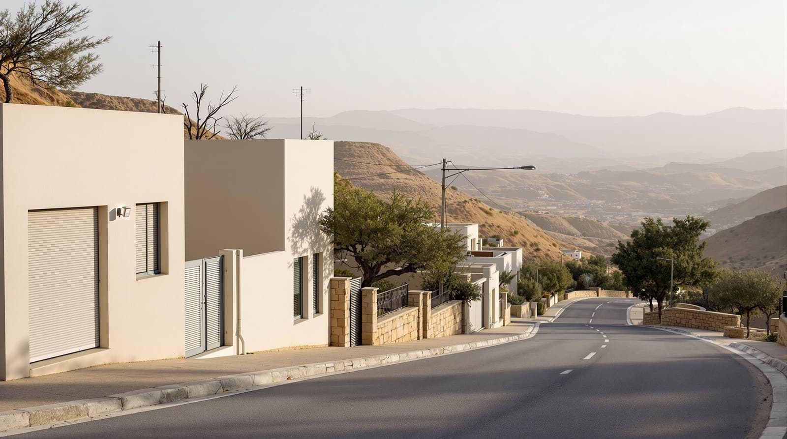 Illustration of a quiet hillside street of pale concrete houses and olive trees in a northern Israeli town at dawn