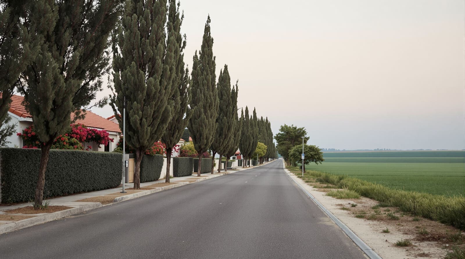 Illustration of a quiet village lane with tiled-roof houses and eucalyptus trees in Israel's Sharon region at dawn