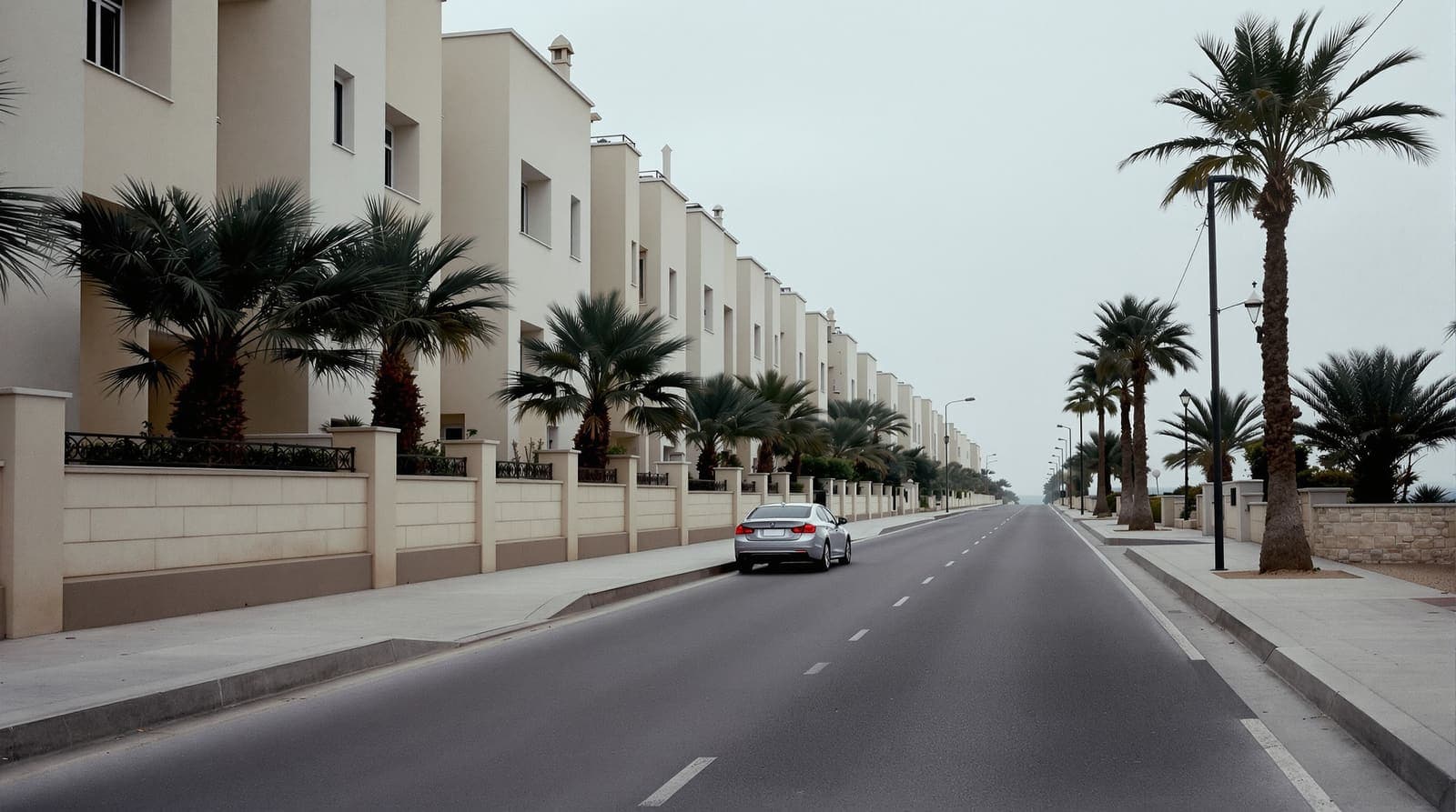Illustration of an empty residential street of pale concrete buildings in a southern Israeli coastal city at dawn.