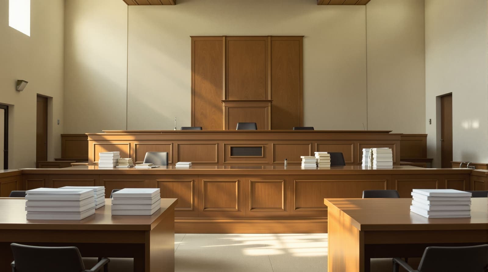 Illustration of an empty courtroom seen from the gallery, with the witness stand, judges' bench and counsel tables in morning light