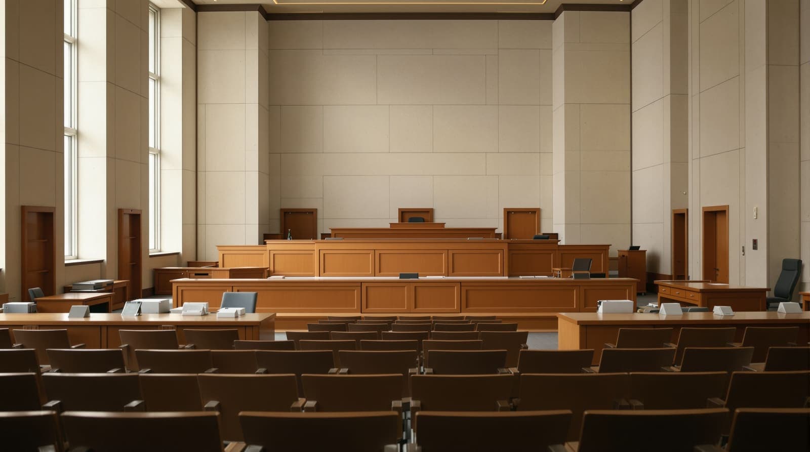 Illustration of an empty Jerusalem courtroom seen from the public gallery, with a vacant witness stand and judges' bench in soft morning light