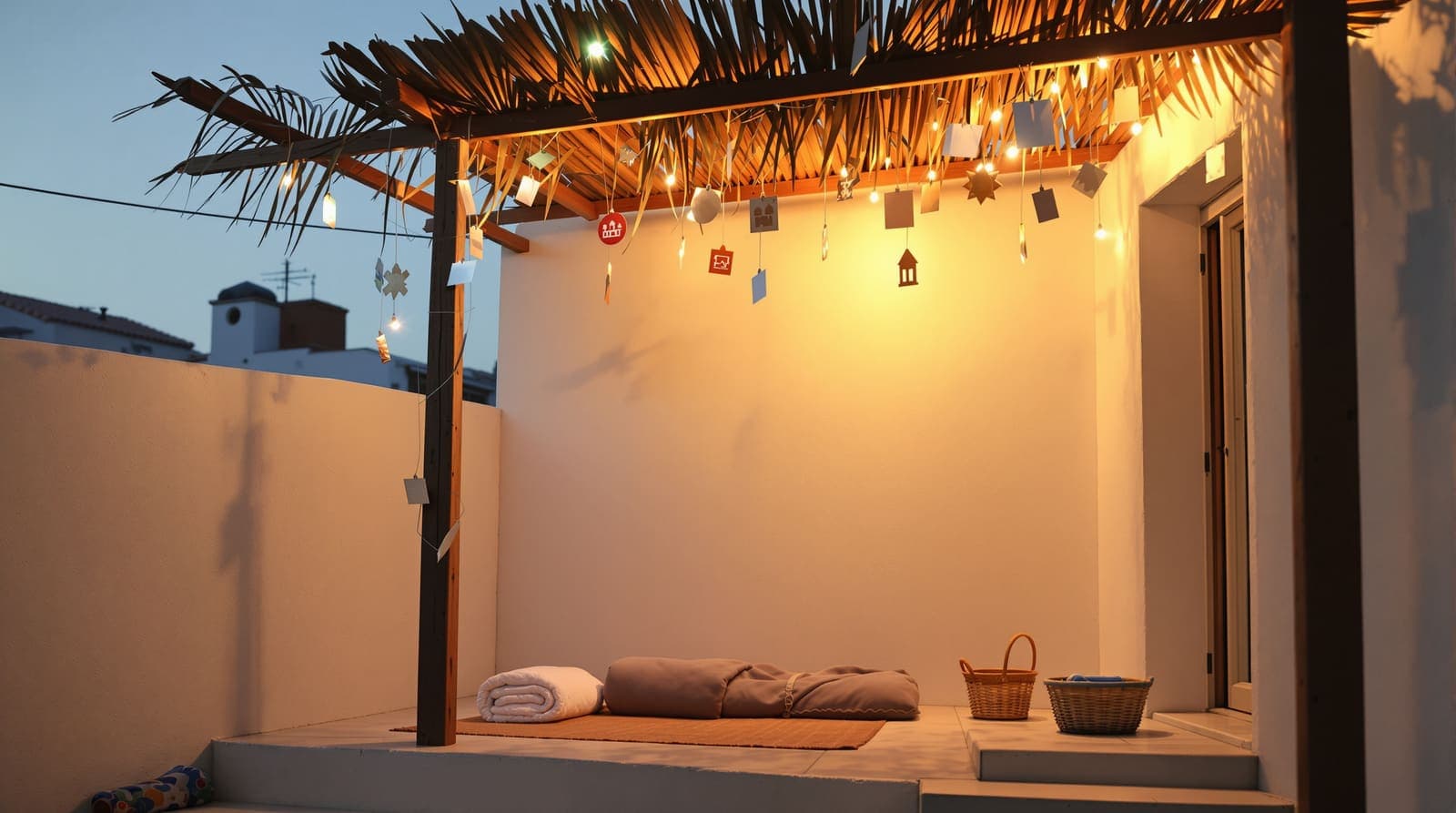 Illustration of a sukkah decorated with hanging ornaments beside a quiet home at dusk in southern Israel.