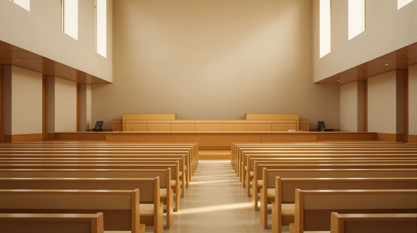 Illustration of an empty courtroom seen from the public gallery, wooden benches and limestone walls in soft morning light.