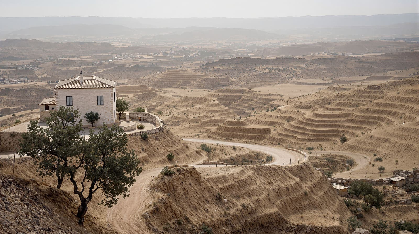 Illustration of a stone farmhouse on an olive-terraced hillside in the West Bank at dawn, with an empty dirt road below.