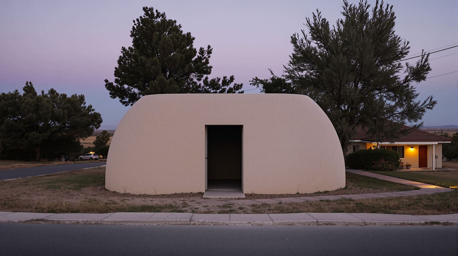 Illustration of a pale concrete bomb shelter beside a quiet lane in a kibbutz near the Gaza border at dusk, with eucalyptus trees and low houses.