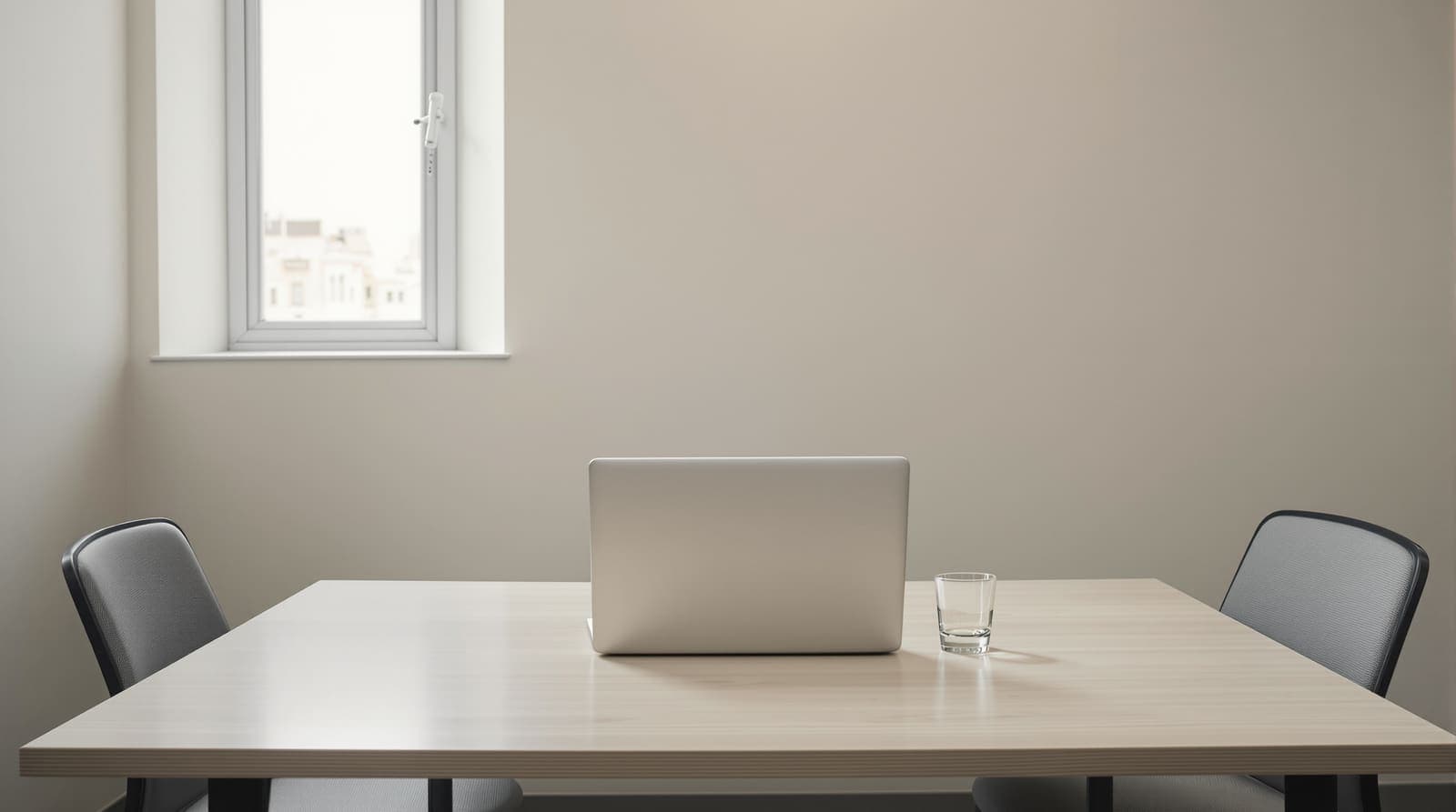 Illustration of a quiet interview room with a closed laptop on a plain table between two empty chairs in soft daylight.