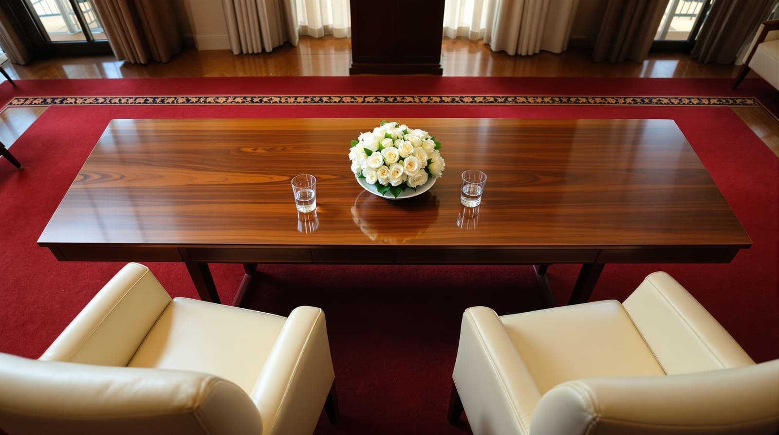 Illustration of a low polished table between two cream armchairs in a Jerusalem reception room, seen from above, set for a meeting between two leaders.