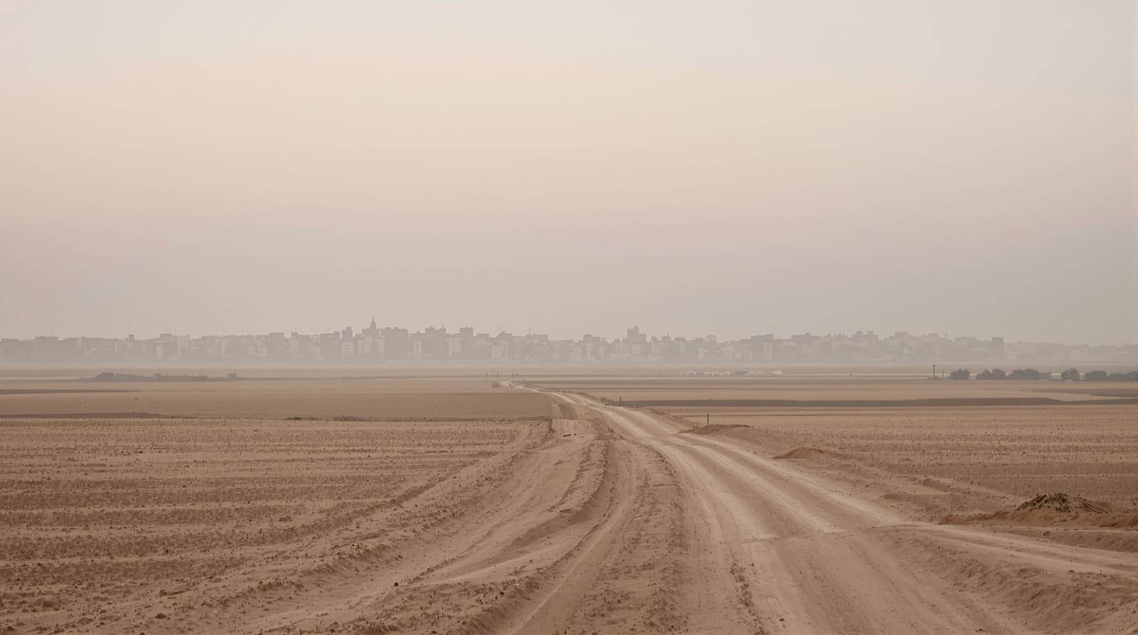 Illustration of the northern Gaza skyline seen from a distance across open farmland under a hazy dawn sky.