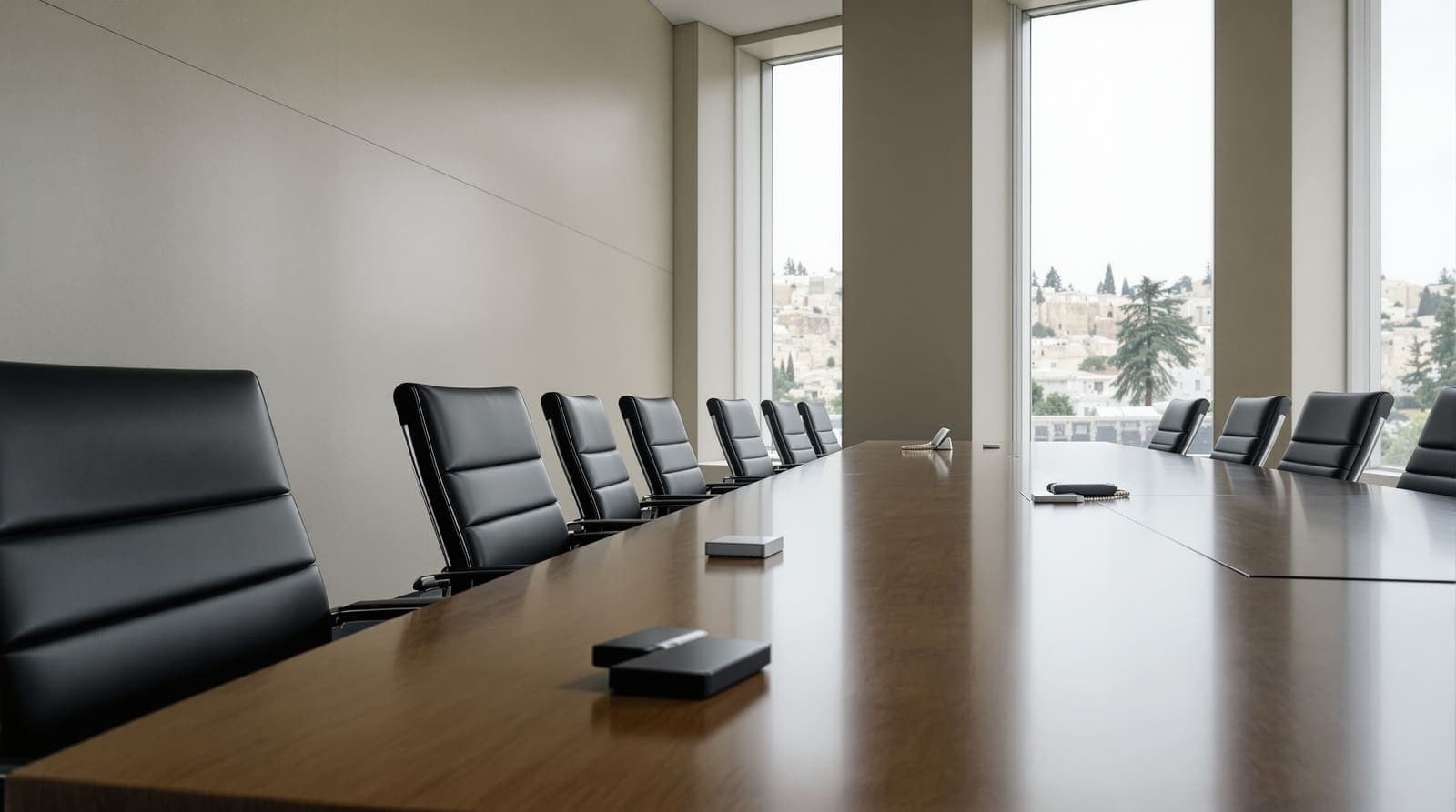 Illustration of an empty government meeting room in Jerusalem at dawn, a long wooden table and vacant chairs before limestone walls