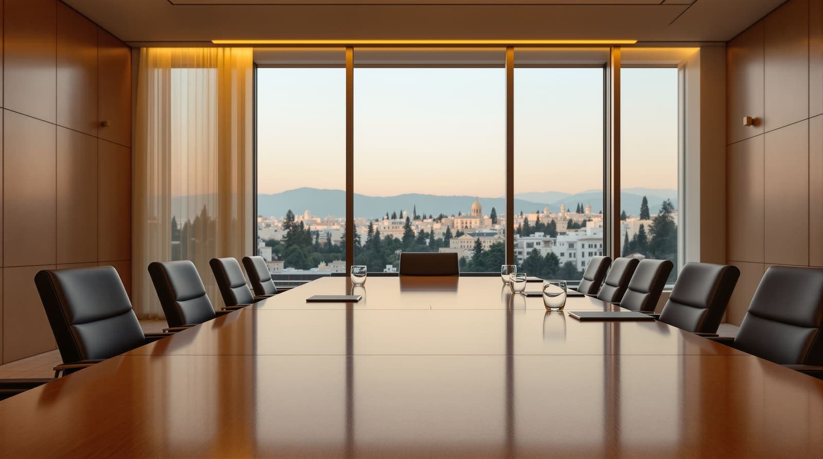 Illustration of an empty meeting room with a long wooden table and chairs, overlooking a limestone Jerusalem skyline at dusk.