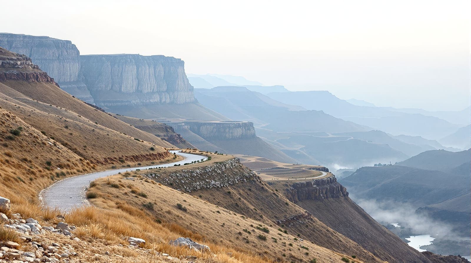 Illustration of hazy southern Lebanese ridgelines seen at dawn from scrub hills and olive terraces in northern Israel.