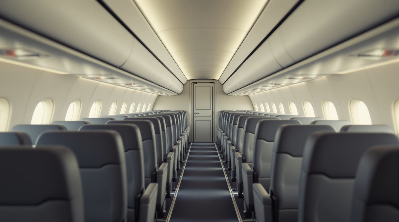 Illustration of an empty airliner cabin aisle leading to a closed cockpit door in soft morning light.