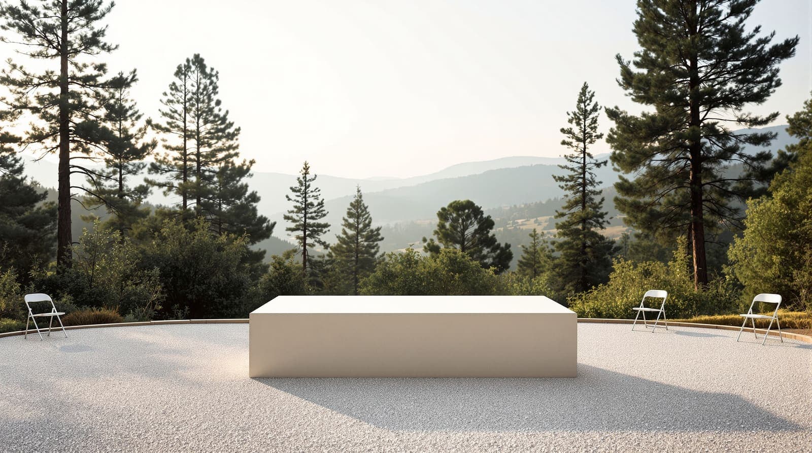 Illustration of a plain limestone cornerstone set on gravel in a quiet Galilee pine forest clearing at dawn.