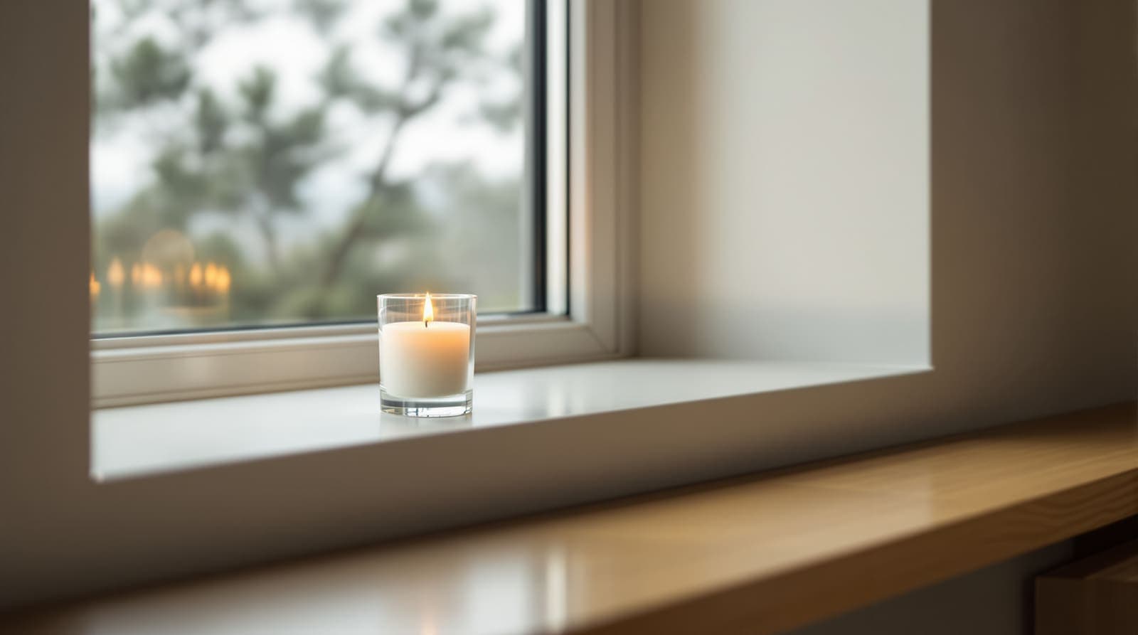 Illustration of a single memorial candle burning in a clear glass on a pale stone windowsill in soft overcast light.