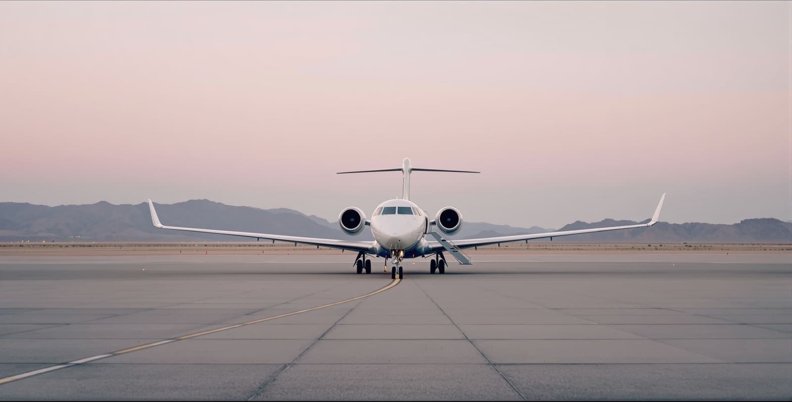 Illustration of a white passenger jet parked on a quiet desert airport apron at dawn beneath low rocky hills.