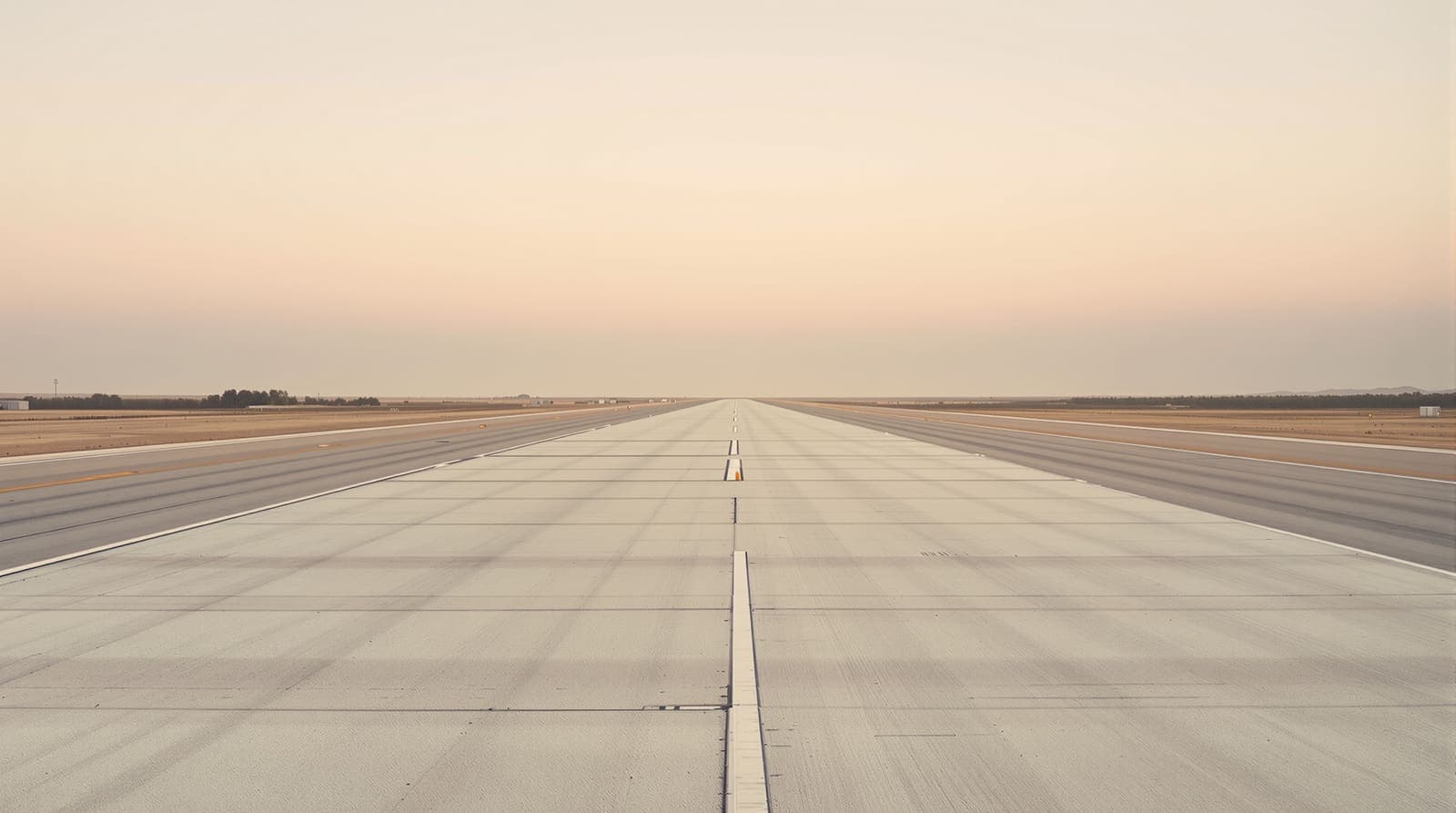 Illustration of an empty air base runway at dawn with low aircraft shelters and eucalyptus trees on the coastal plain.