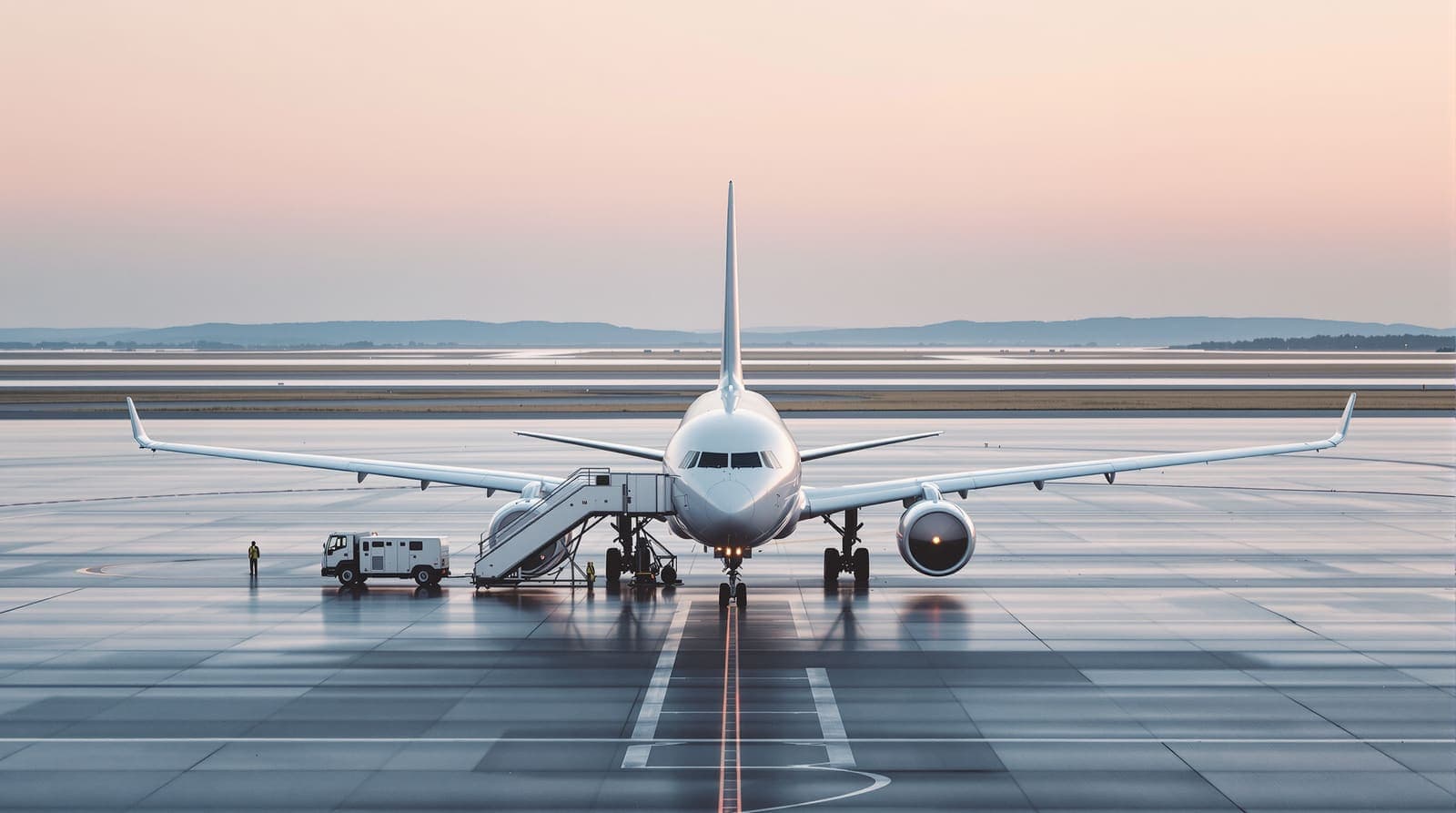 Illustration of an empty airport apron at dawn with a wide-body airliner and boarding stair under a soft pink sky.