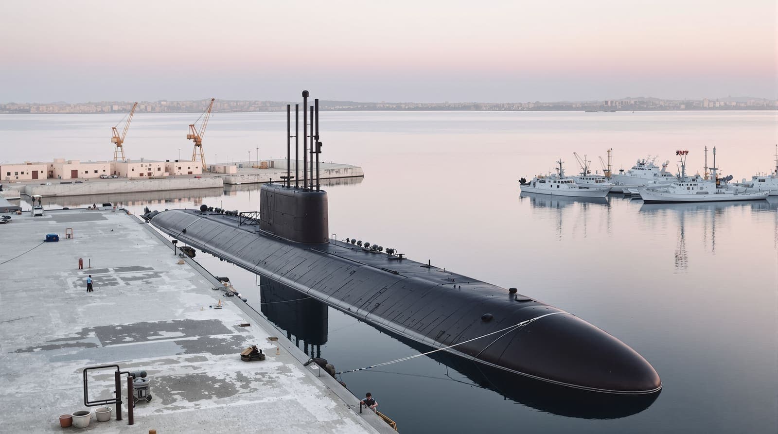 Illustration of a dark submarine moored at a concrete naval pier in a Mediterranean harbour at dawn, with patrol boats beyond.