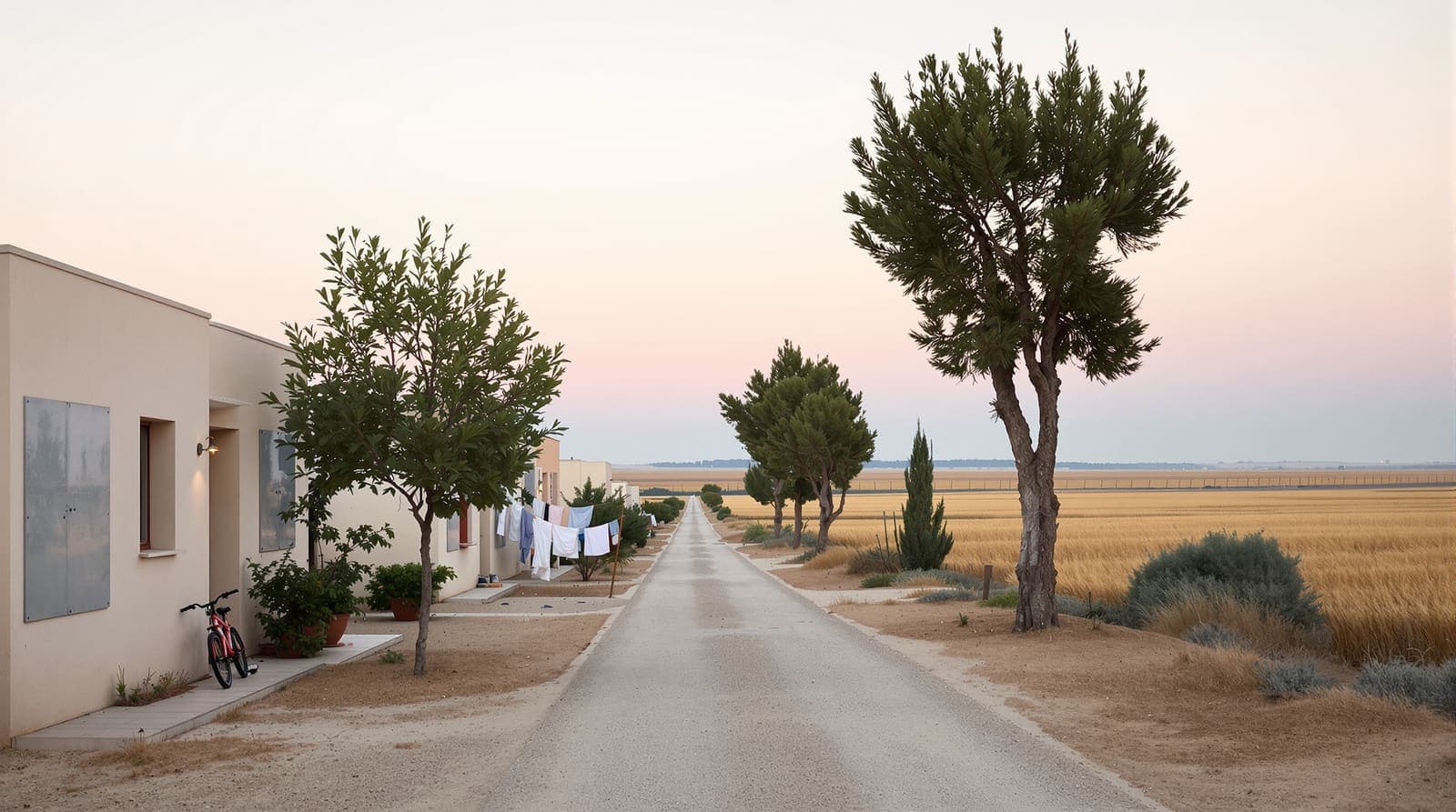 Illustration of a quiet kibbutz lane near the Gaza border at dawn, low houses and eucalyptus trees with fields stretching to a distant fence.