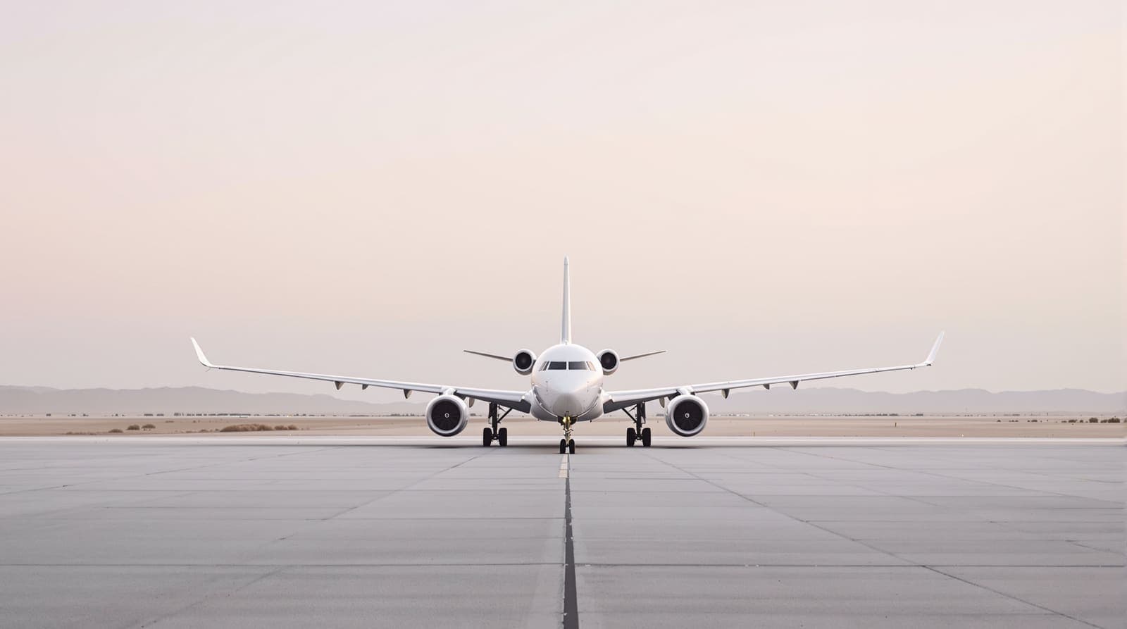 Illustration of a white airliner parked on an empty desert airport apron under a grey dawn sky.