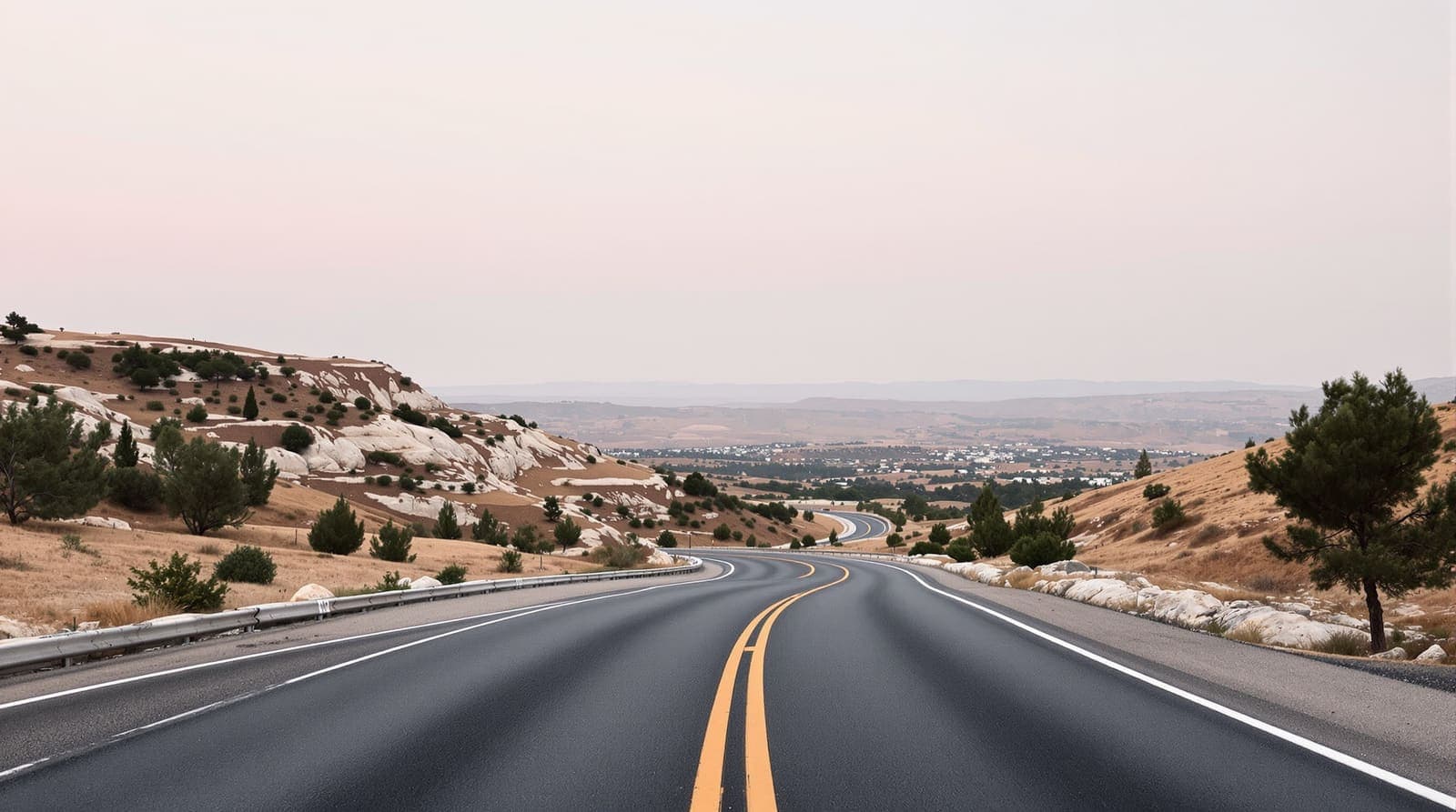 Illustration of an empty winding highway through olive-terraced Judean foothills near Beit Shemesh under a soft dawn sky.