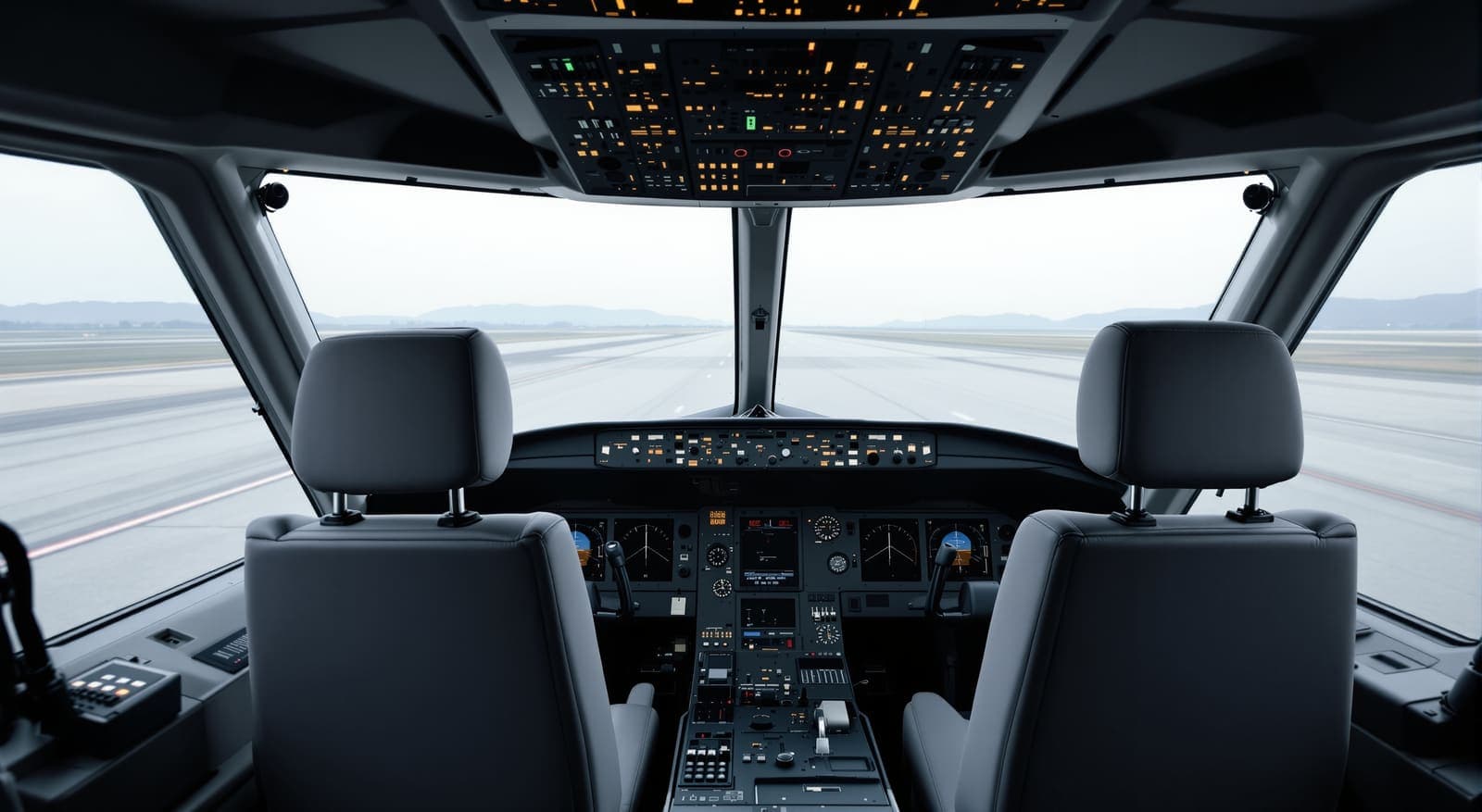 Illustration of an empty airliner cockpit at dawn, two vacant pilot seats facing a quiet runway under an overcast sky