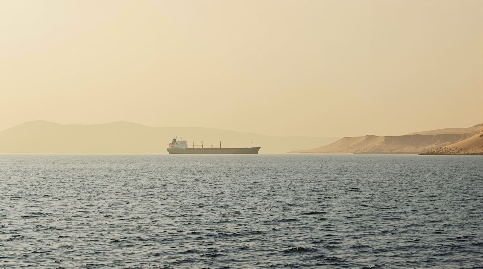 Illustration of a distant cargo ship on calm hazy Gulf water seen from an arid island shoreline at dawn.