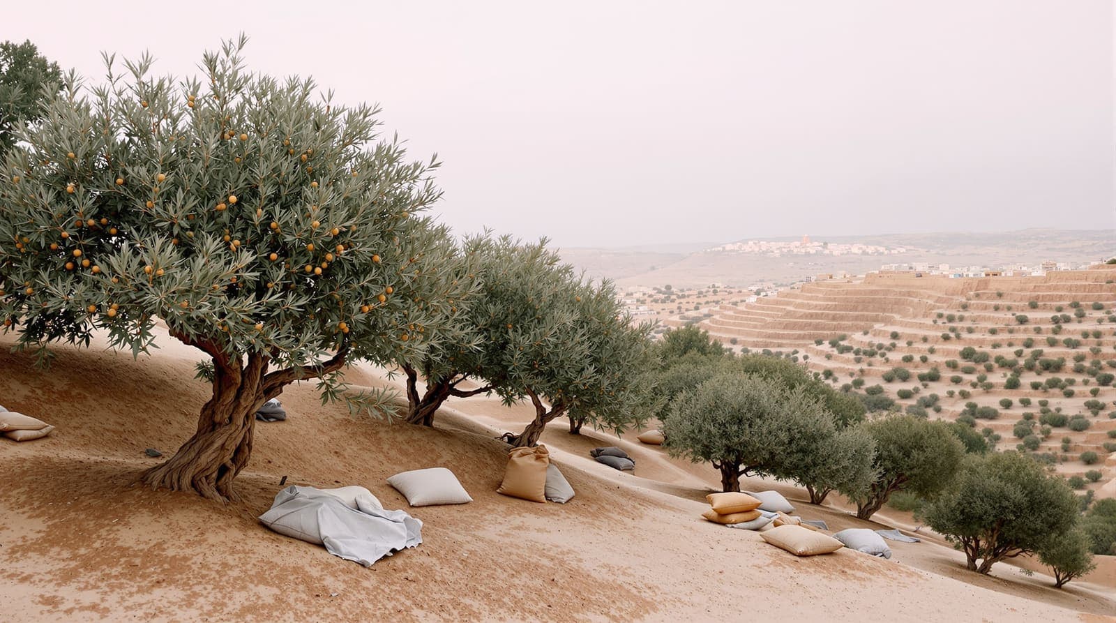 Illustration of olive terraces on a rocky hillside in the northern West Bank at dawn, harvest sacks resting beneath the trees.