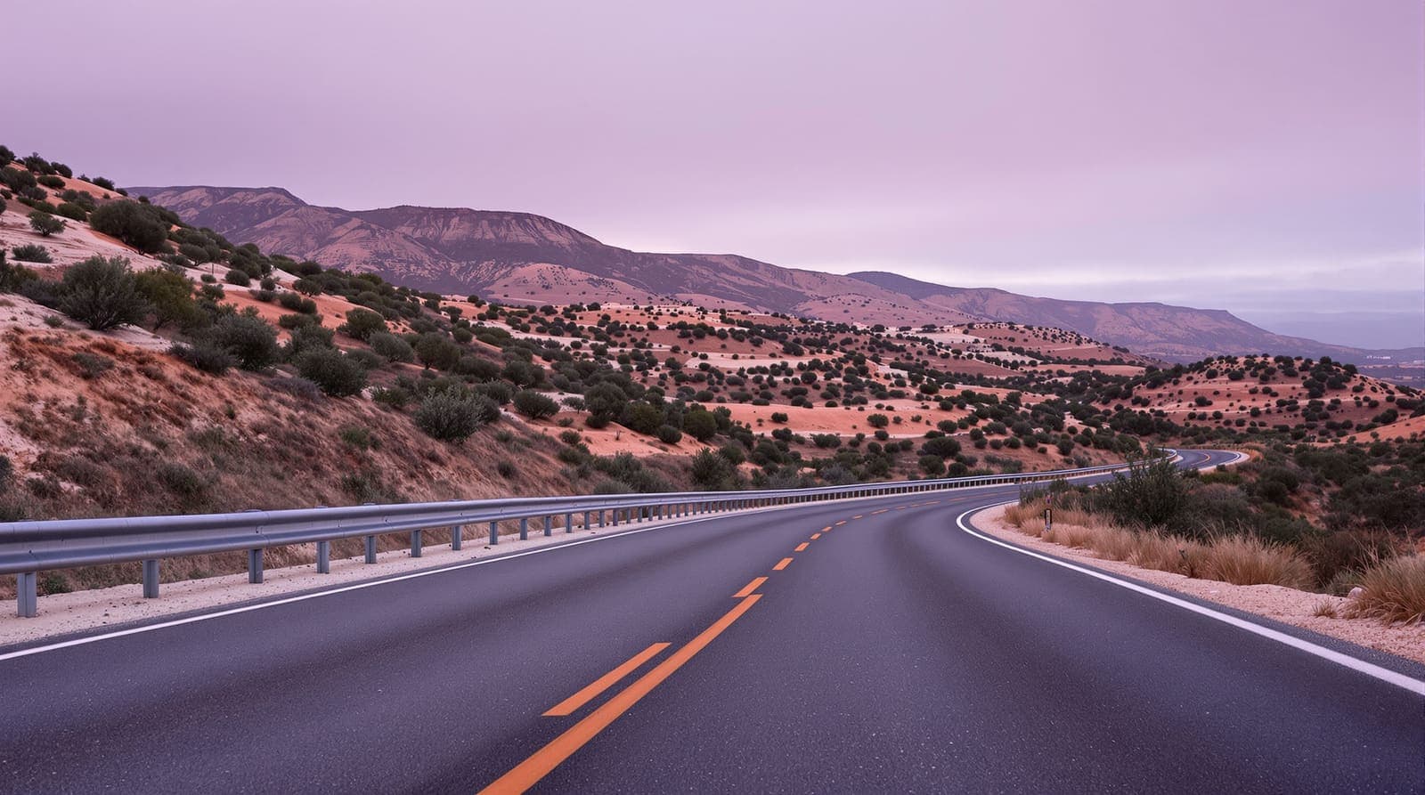 Illustration of a quiet hilltop road winding through olive terraces and limestone hills near Ateret in the West Bank at dusk