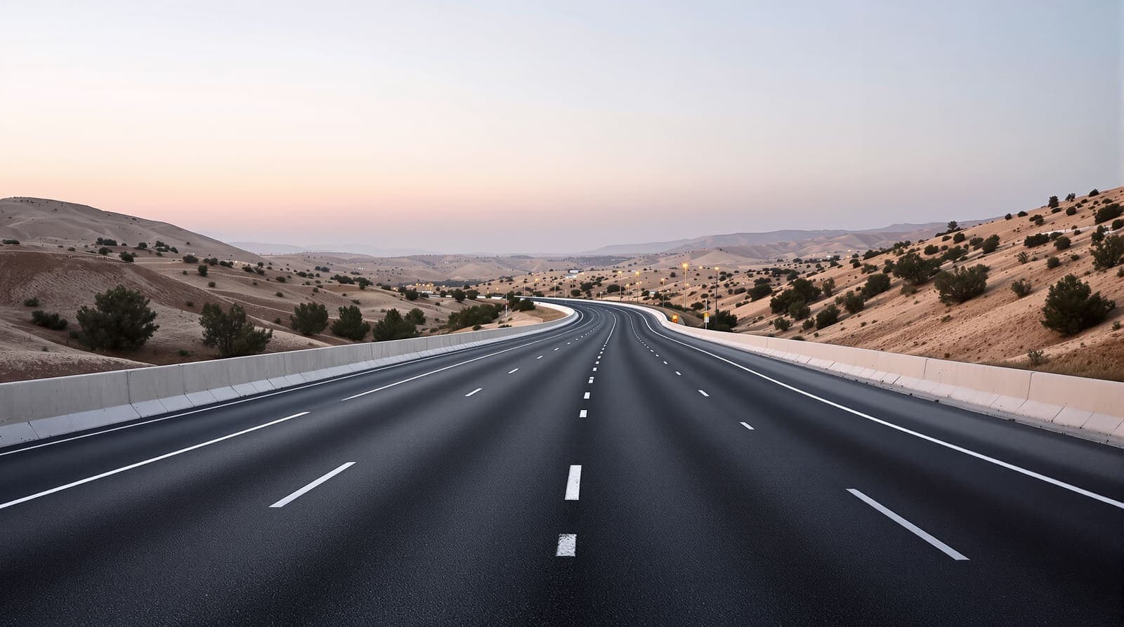 Illustration of an empty highway curving through pale scrub hills near Jerusalem under a soft overcast dawn sky