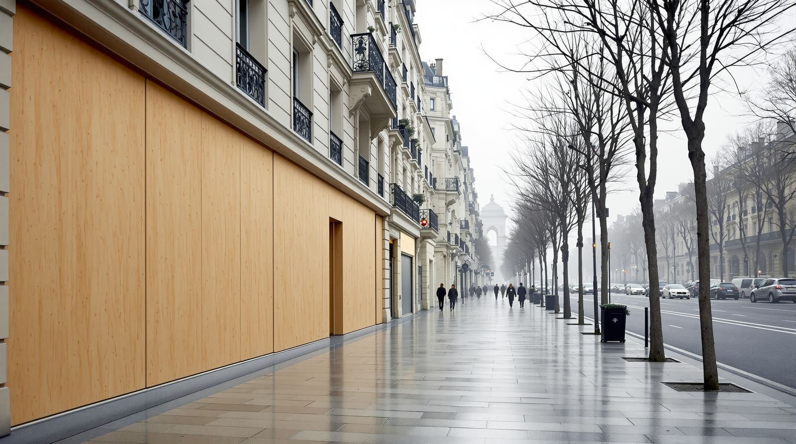 Illustration of a quiet Paris boulevard at dawn with the ground floor of a stone building covered in plain plywood panels.