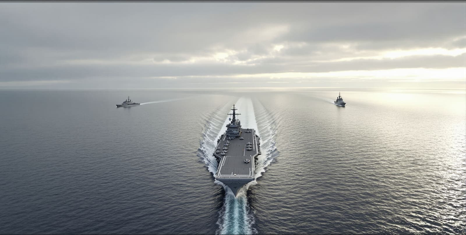 Illustration of a grey aircraft carrier and escort warships on a calm sea under an overcast dawn sky, seen from a distance.