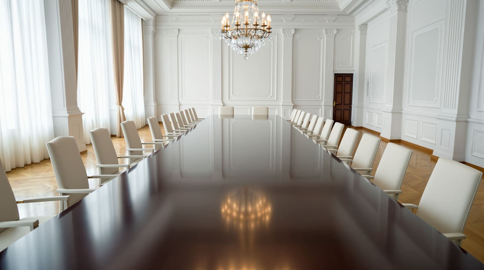 Illustration of a long polished conference table in a formal Moscow state room seen from a high corner, cream chairs along both sides beneath a chandelier.