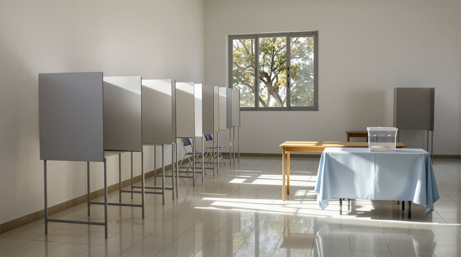Illustration of an empty classroom polling station with plain voting booths and a clear ballot box in a Galilee town.
